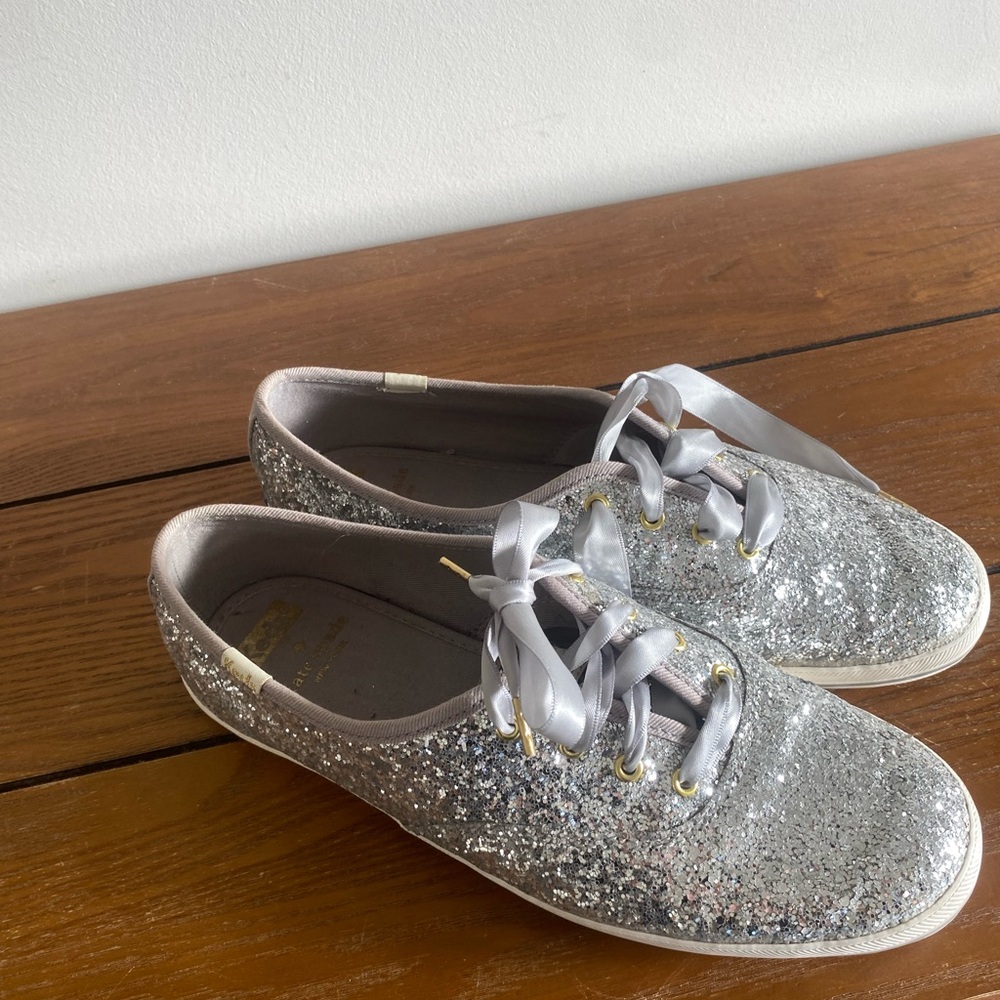Keds Silver Glitter Lace-Up Sneakers with Satin Ribbon Laces